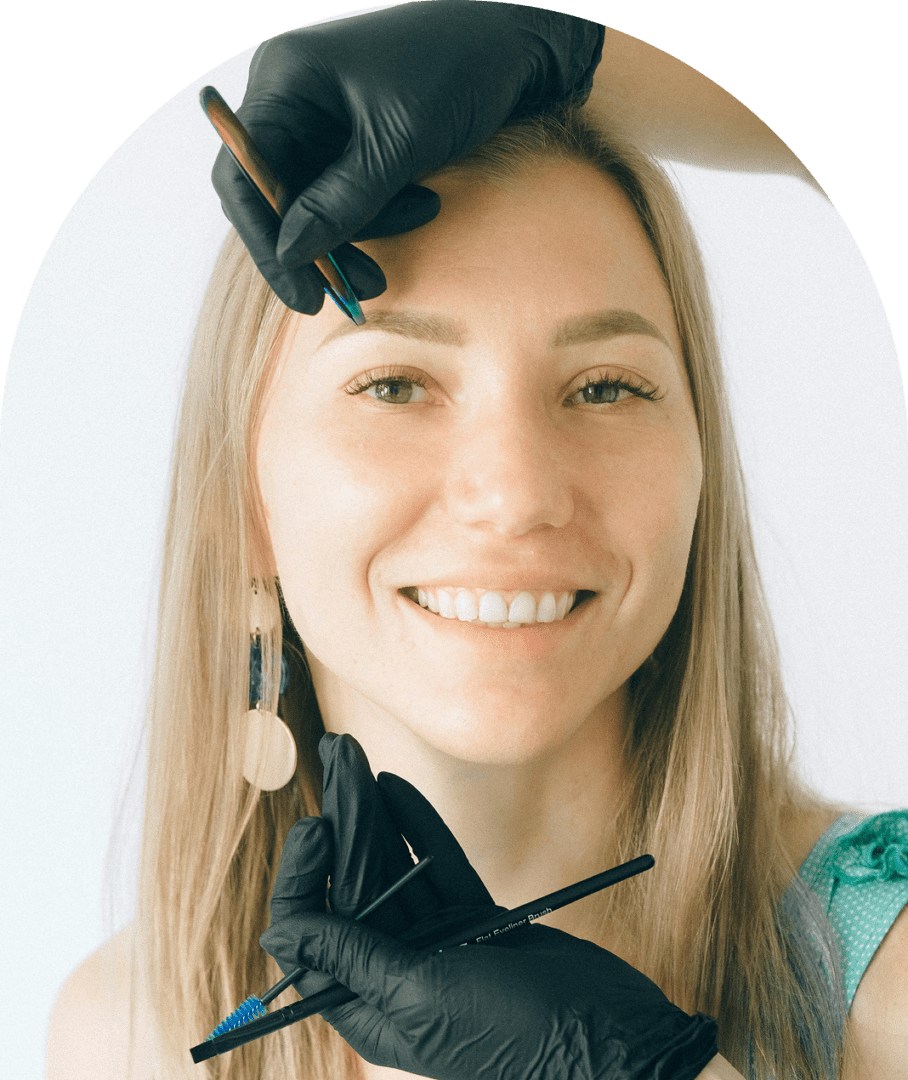 A woman with black gloves on her head.
