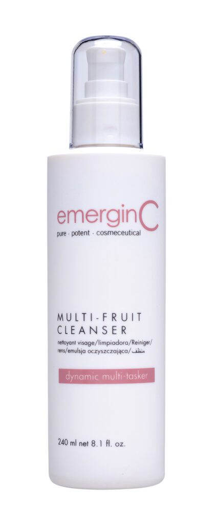 multi-fruit A bottle of multi-fruit cleanser on top of a white table.