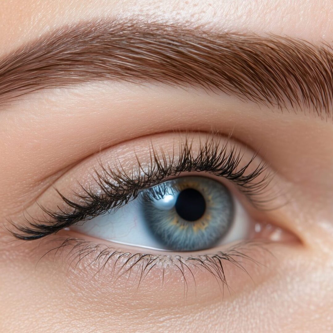 Brow Lamination and Tint Image A close up of the eye with blue eyes