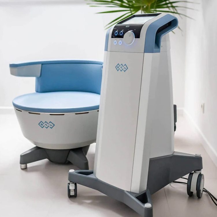 A toilet and a cart in a room.