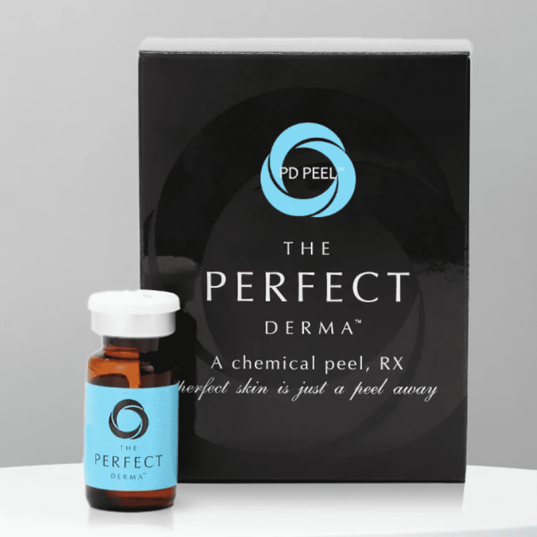 The Perfect Derma Peel A bottle of derma peel next to its box.